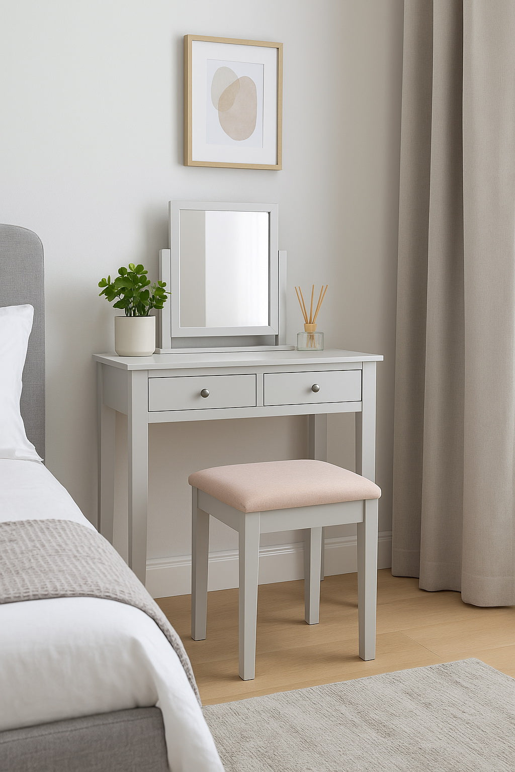 Dressing Table Stool With Padded Seat, Wood In Grey Finish, Beige Cush