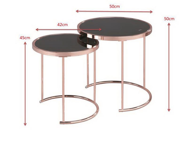 Visio Set of 2 Round Nesting Tables- Black Glass Top/Copper Frame