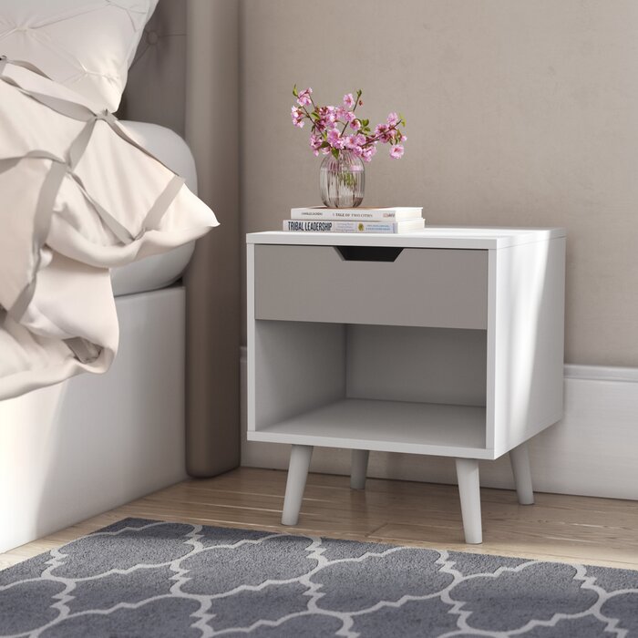 Ileni Bedside Table W/ 1 Drawer, Nightstand Lamp Desk for Bedroom-White/Grey
