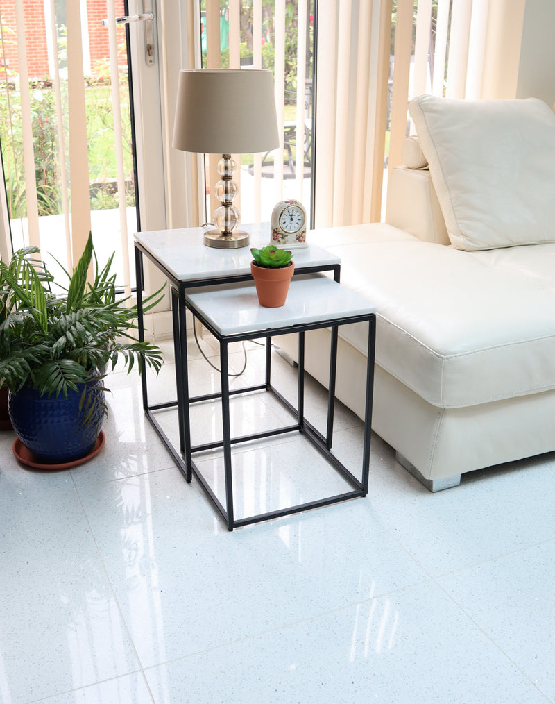Carmel Marble Nest of Tables in White with Black Metal Bases