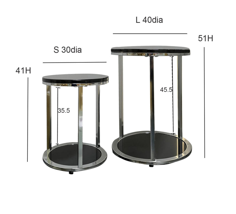 Terni Set Of 2 Tables, Glossy Black Wooden Tops and Glass Base