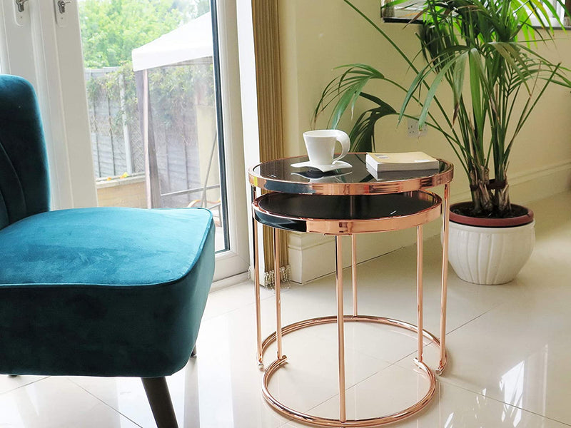 Visio Set of 2 Round Nesting Tables- Black Glass Top/Copper Frame (6024414560419)