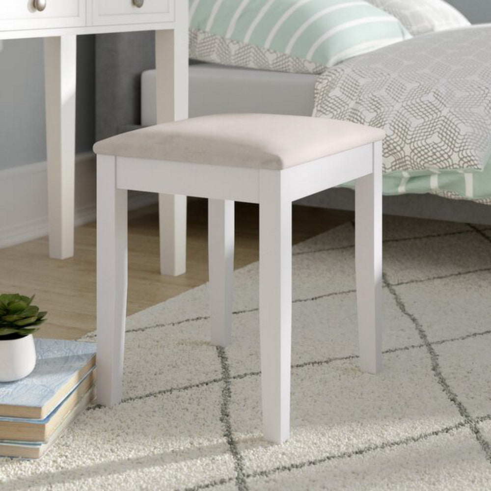 Dressing Table Stool With Padded Seat-White Wood, Cream Seat Dressing Table Stool With Padded Seat-White Wood, Cream Seat