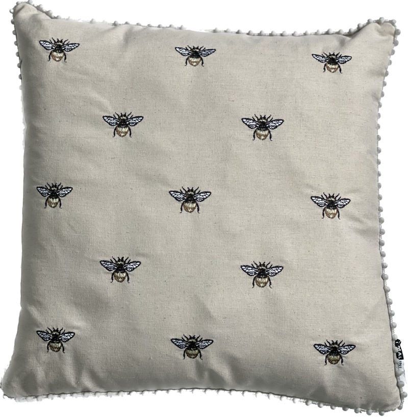 Embroidered Bees Natural Cushion With Pom Pom,45x45cm (CSHN09)