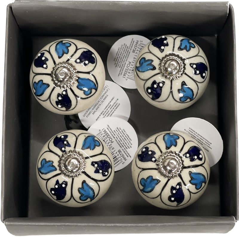 Set of 4 Hand Painted Ceramic Cabinet,Drawer Knobs/Waedrobe Pulls, Blue/White (HH5738-1)