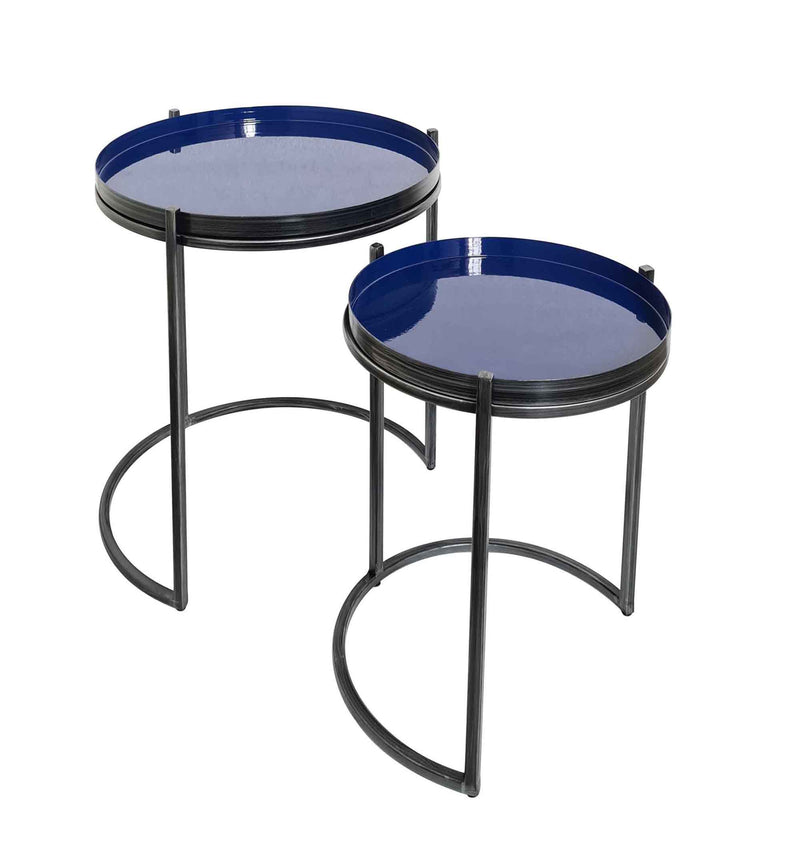 Hannah Round Metal Tray Top Nest Of 2 Tables, Grey/Blue (7468255084756)