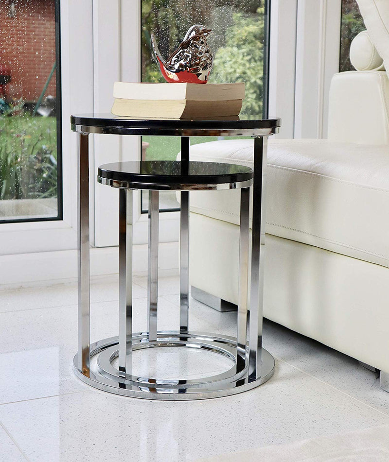 Paloma Set of 2 Round Nesting Tables, Glossy Black Tops and Chrome Base (6024408858787)