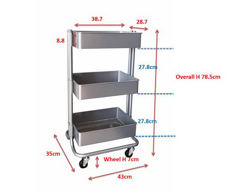 Lena 3-Tier Storage Rolling Cart, For Office/Beauty Salon/Home,Grey