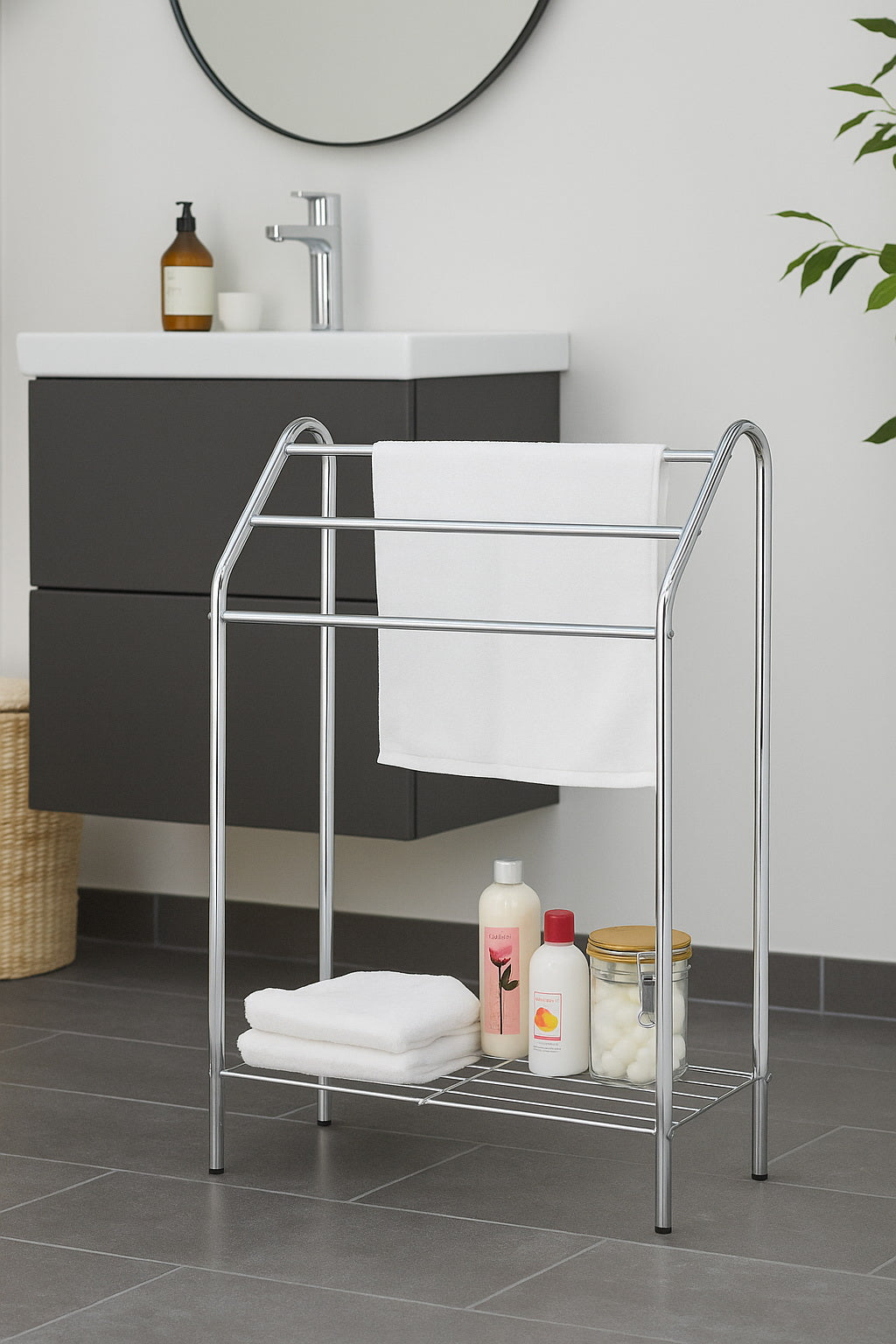 Freestanding Towel Rack With Bottom Shelf,Chrome