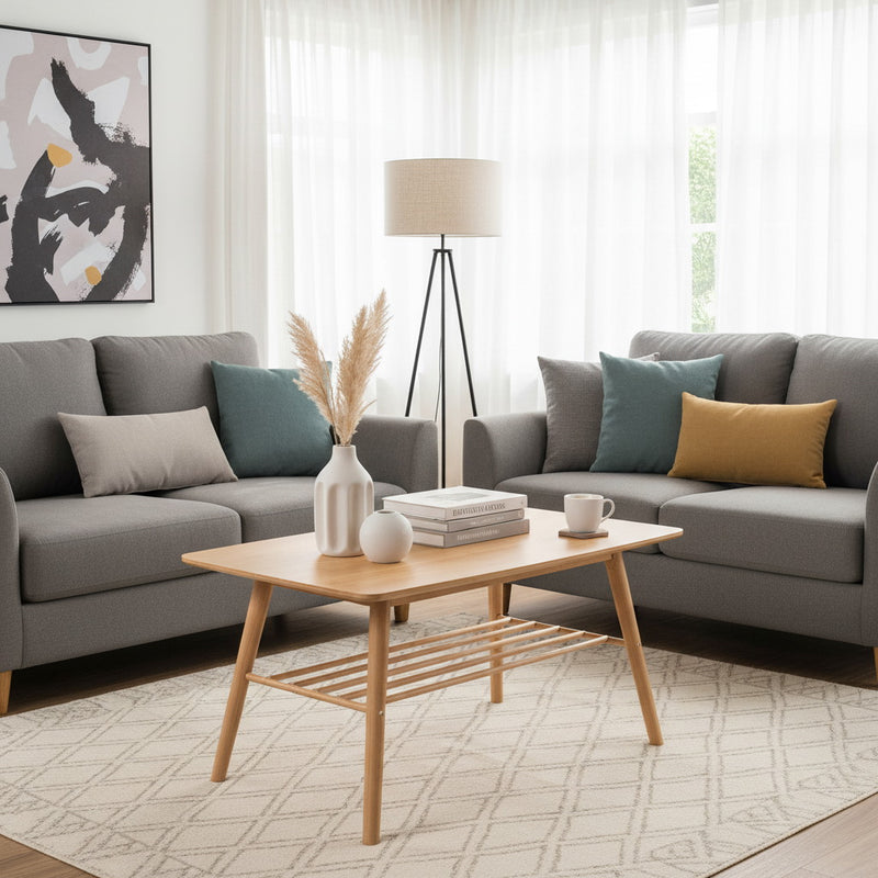 Nikko Bamboo Coffee Table With Shelf,Natural Bamboo