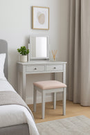 Dressing Table Stool With Padded Seat, Wood In Grey Finish, Beige Cushion