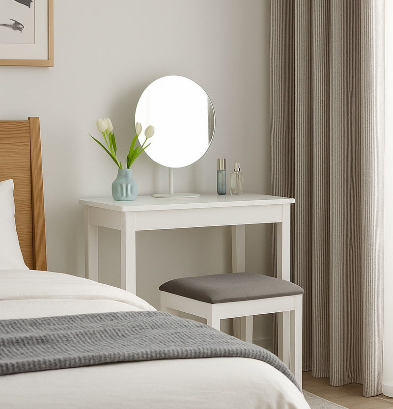 Dressing Table Stool With Padded Seat, Wood In White Finish, Grey Cush