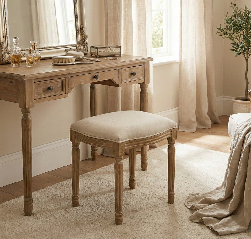 French Style Belle Dressing Table Stool , White Washed Wood, Beige Cus