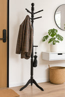 Cleo Wooden Coat Stand with 9 Hooks-Solid Wood in Black Finish