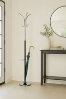 Oscar Free Standing Coat Rack with Umbrella Base, Metal, Black/Chrome