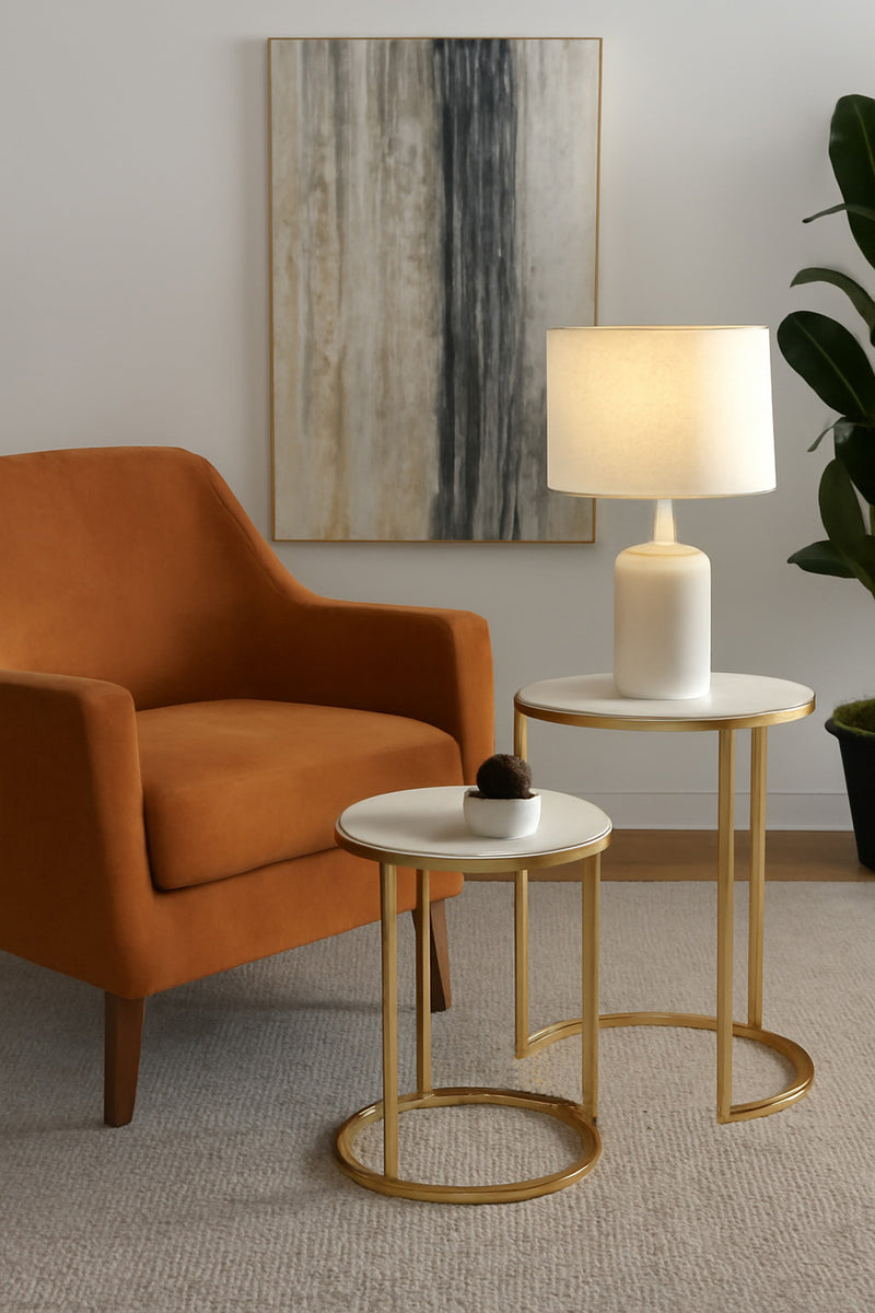 Monti Marble Round Nest of 2 Tables in White with Gold Metal Bases