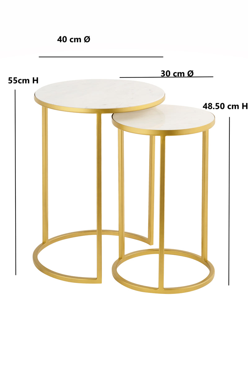 Monti Marble Round Nest of 2 Tables in White with Gold Metal Bases