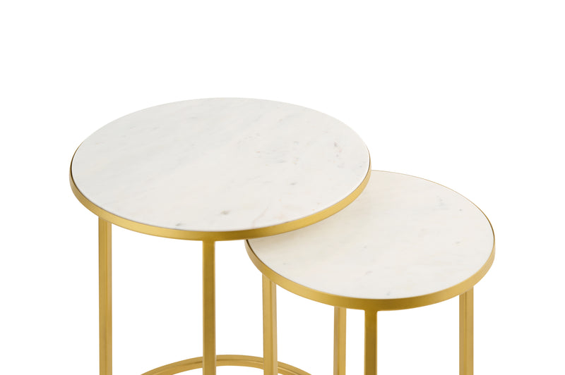 Monti Marble Round Nest of 2 Tables in White with Gold Metal Bases