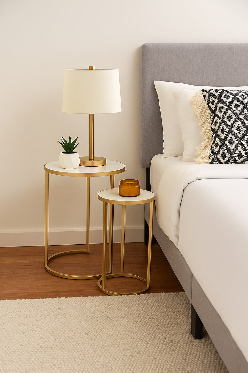 Monti Marble Round Nest of 2 Tables in White with Gold Metal Bases