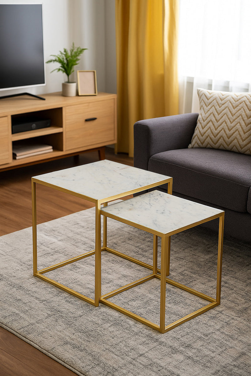 Marche Marble Nest of 2 Tables in White with Gold Metal Bases