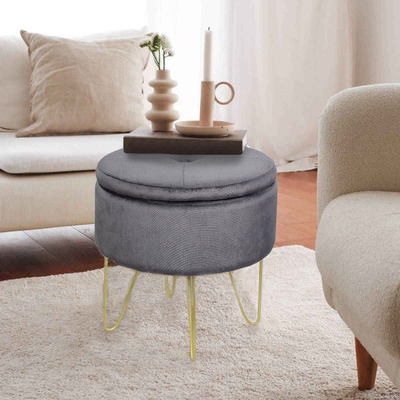 Elenore Grey and Gold Storage Stool with Hairpin Legs
