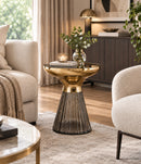 Ophelia Modern Glam Pleated Black Glass Side Table With Gold Iron Rim, 50 Dia cm - Aspect Furniture Store