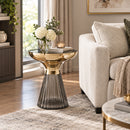 Ophelia Modern Glam Pleated Black Glass Side Table With Gold Iron Rim, 50 Dia cm - Aspect Furniture Store