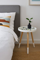 Leonie Side Table -White Top With Multi-Coloured Triangle Pattern & Natural Legs