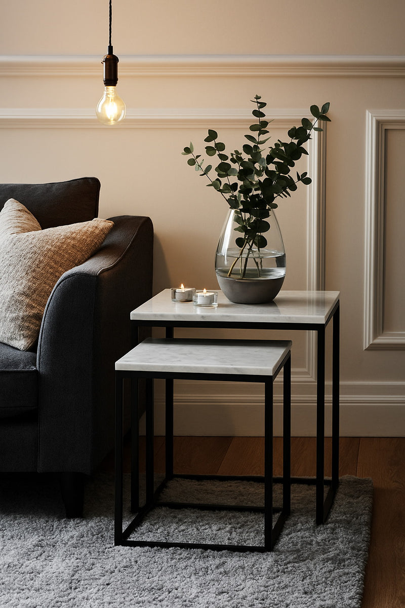 Carmel Marble Nest of Tables in White with Black Metal Bases