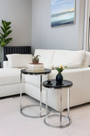 Paloma Set of 2 Round Nesting Tables, Glossy Black Tops and Chrome Base