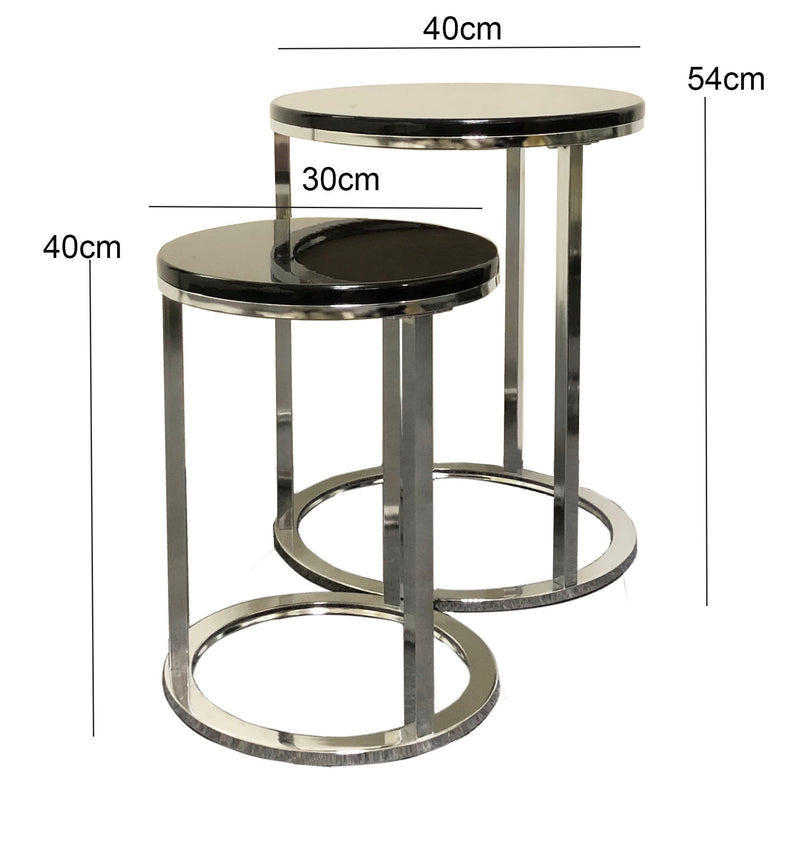 Paloma Set of 2 Round Nesting Tables, Glossy Black Tops and Chrome Base