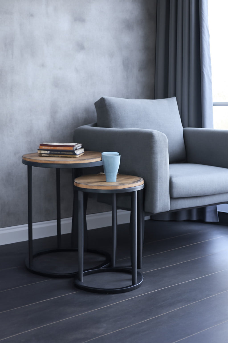 Paloma Set of 2 Round Nesting Tables, Vintage Tops and Black Base