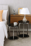 Terni Set Of 2 Tables, Glossy Black Wooden Tops and Glass Base