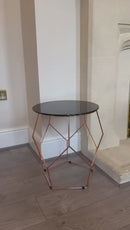 Origami Side Table-Black Glass Top, Geometric Shaped Base in Copper Finish