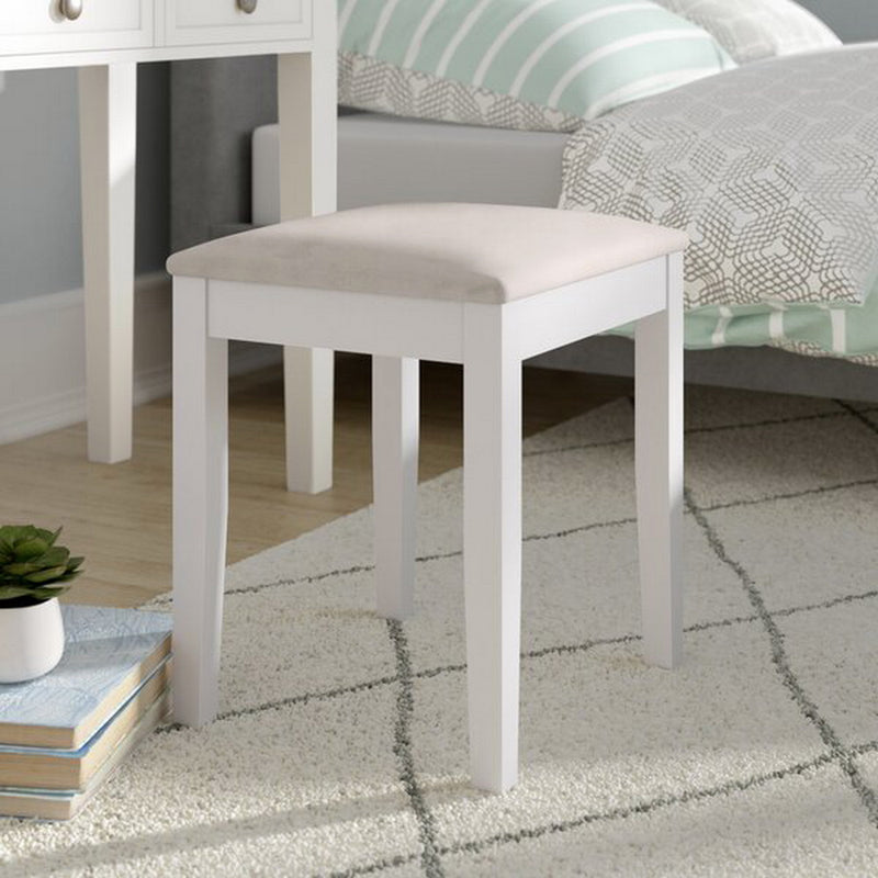 Dressing Table Stool With Padded Seat-White Wood, Cream Seat Dressing Table Stool With Padded Seat-White Wood, Cream Seat