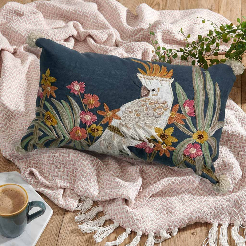 Cockatoo Parrot Embroidered Cushion, Navy/Multi Colour,35x50cm (CSHN05)