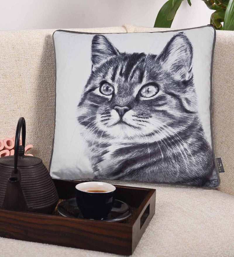 Tabby Cat Print Pillow/Velvet Cushion,Black/White. 45x45cm (CSHN08)