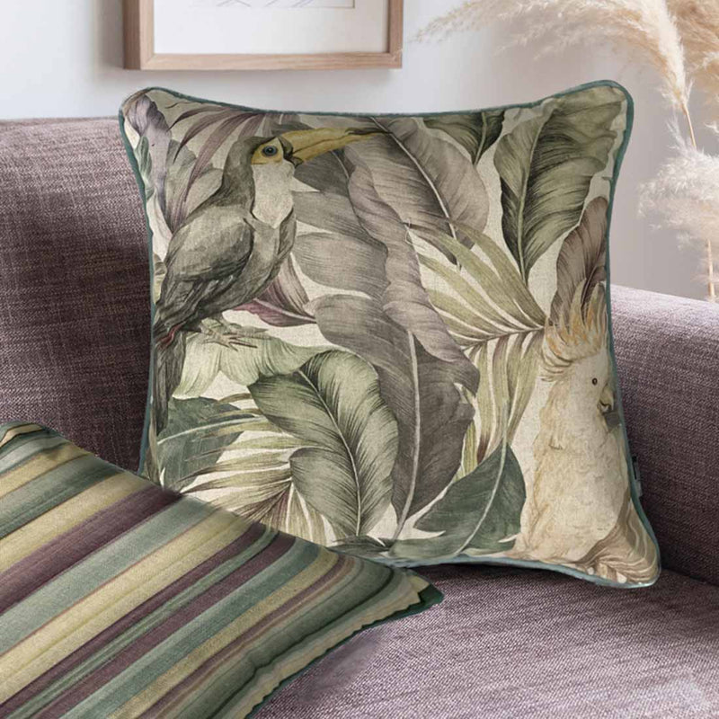 Toucan Bird And Leaves Cushion,Beige/Green, 45x45cm (CSHN16)