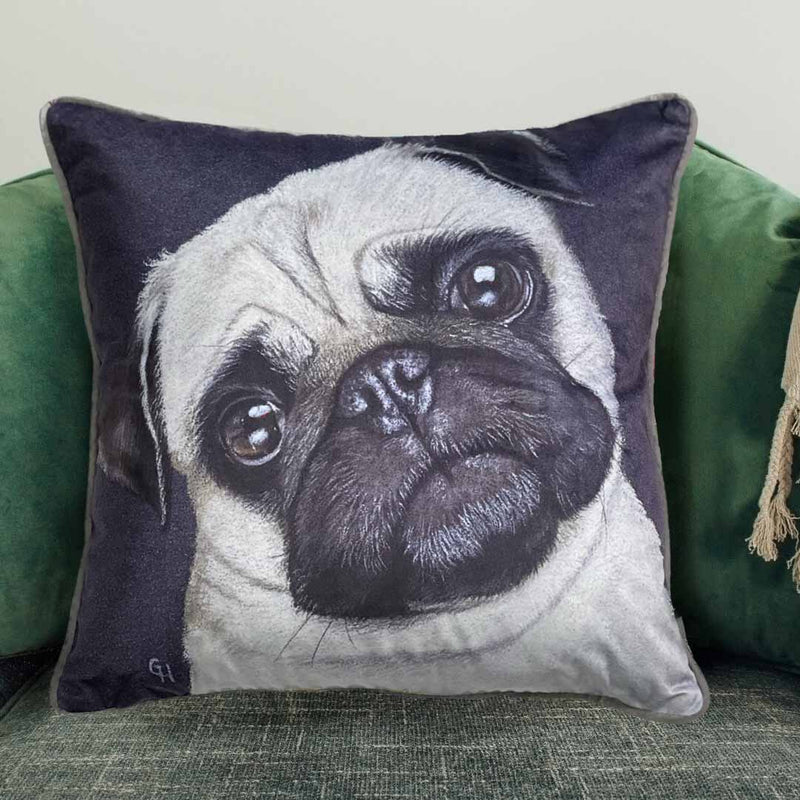 Pug Dog Print Square Cushion,Grey. 45x45cm (CSHN18)