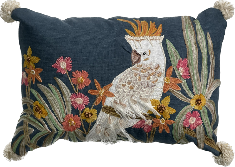 Cockatoo Parrot Embroidered Cushion, Navy/Multi Colour,35x50cm (CSHN05)