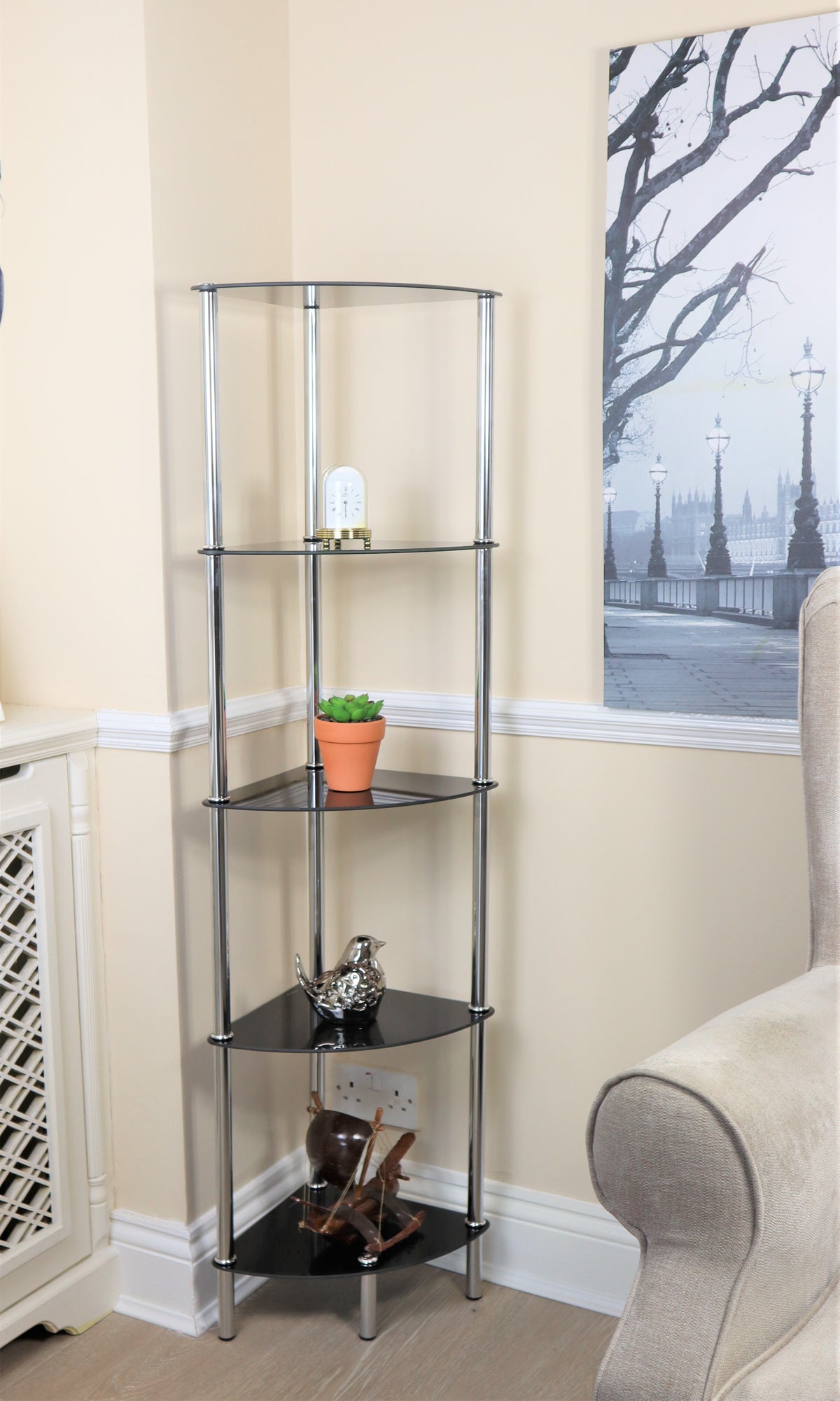 Chrome and glass corner shelf unit discount