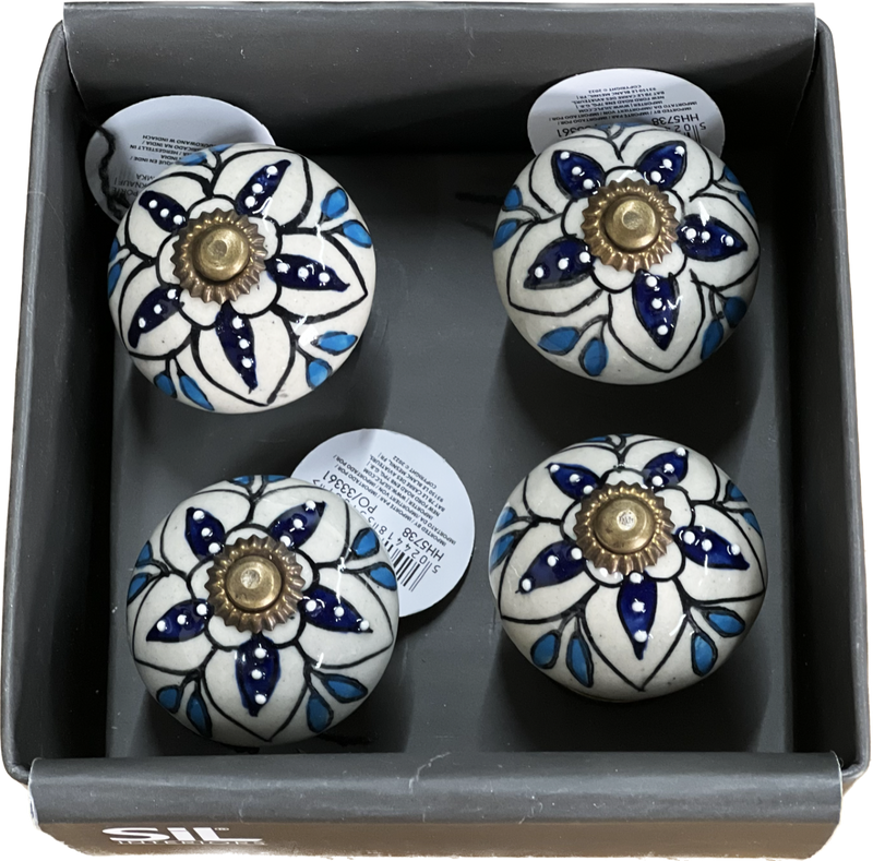 Set of 4 Hand Painted Ceramic Cabinet,Drawer Knobs/Waardrobe Pulls, Blue/White (HH5738-5)