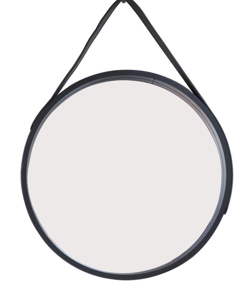 Faux Leather Strap Wooden Round Hanging Mirror, Black (6991408791715)