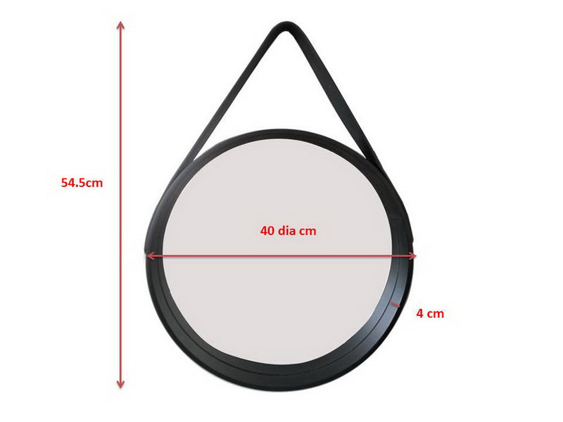 Faux Leather Strap Wooden Round Hanging Mirror, Black (6991408791715)