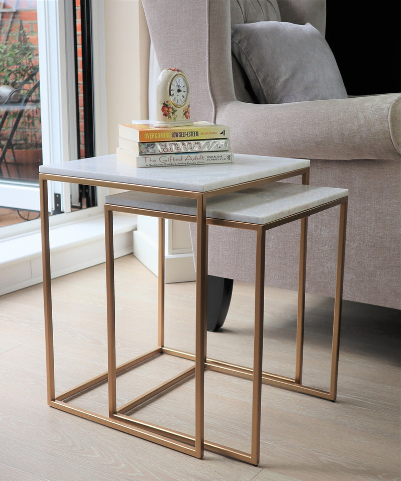 Carmel Marble Nest of Tables in White with Gold Metal Bases (7467185307860)