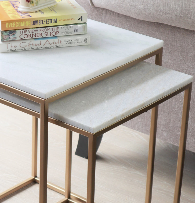 Carmel Marble Nest of Tables in White with Gold Metal Bases (7467185307860)