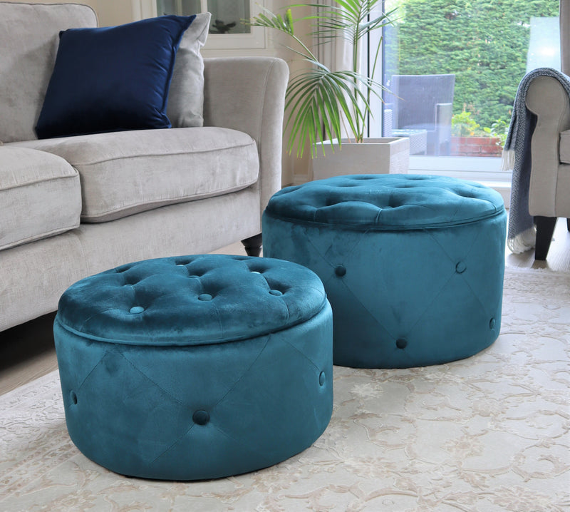 Valeria Set Of 2 Round Storage Ottomans,Teal (7263818350755)