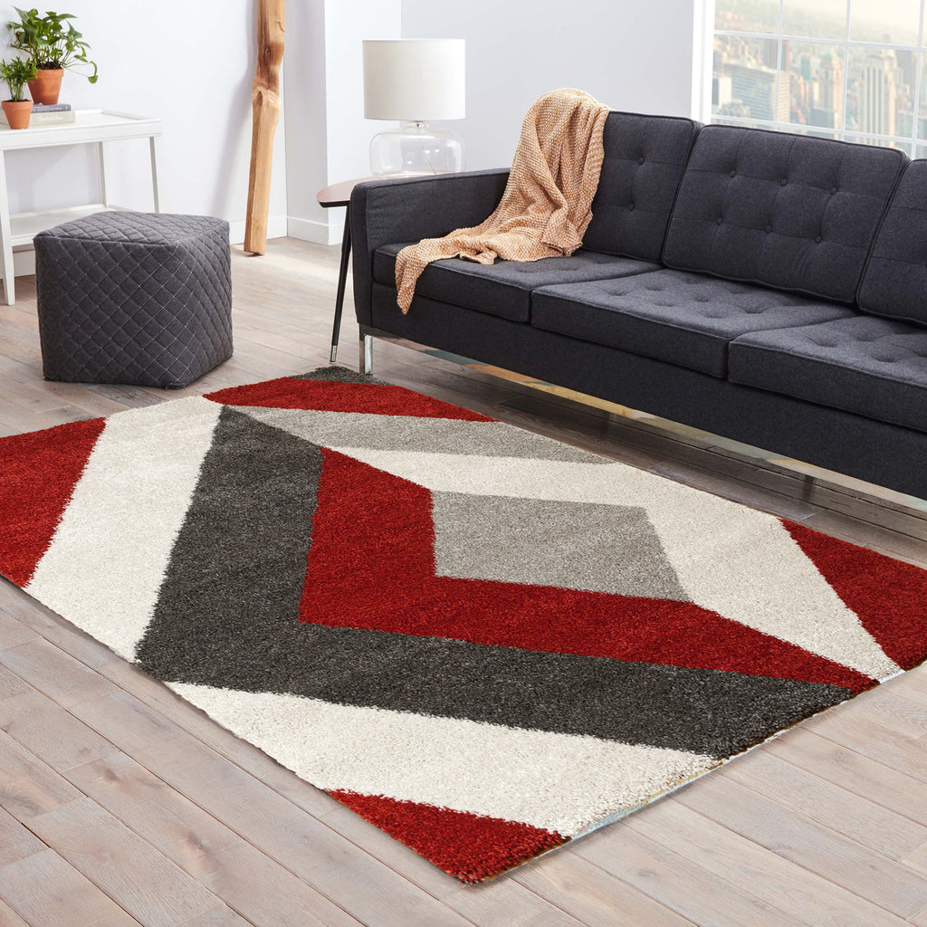 Rhombus Rug Pattern Rhombus-Modern Thick Rug with a Rhombus Pattern-Red, Cream, Grey