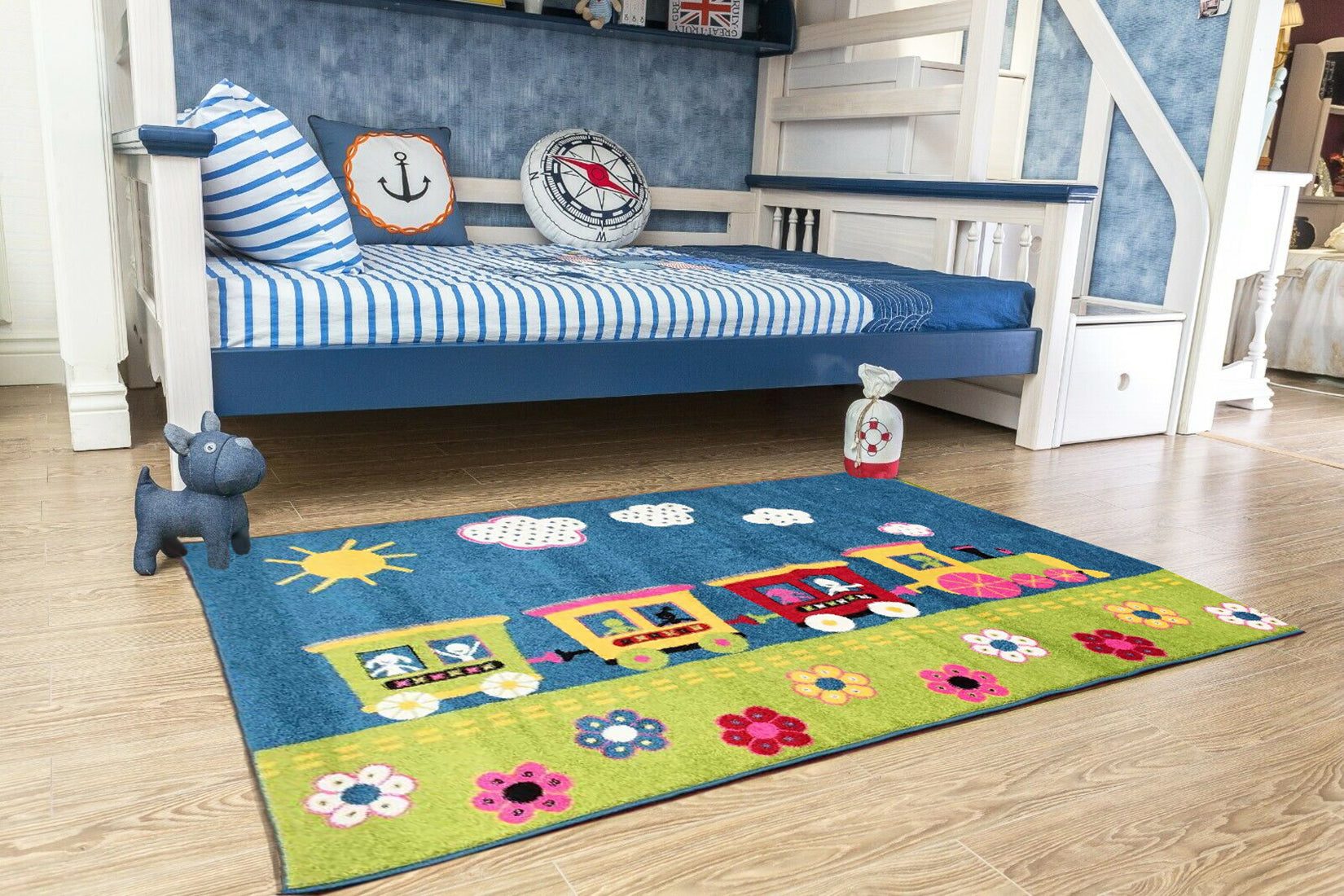 Classroom Train Rug Kids Children Bedroom Playroom Floor Trains Rug Multi-Colour