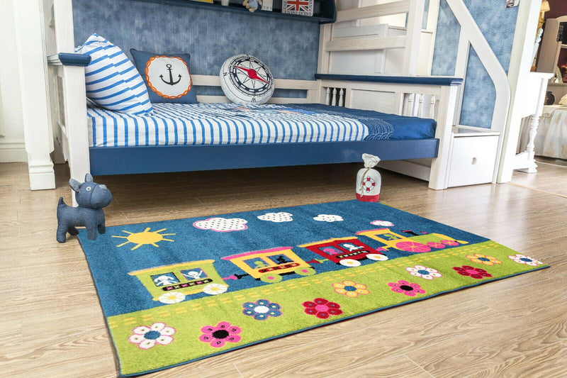 Kids Bedroom Playroom Floor Trains Rug, Polyester, Multi-Colour, 80 x 150 cm (6024403091619)